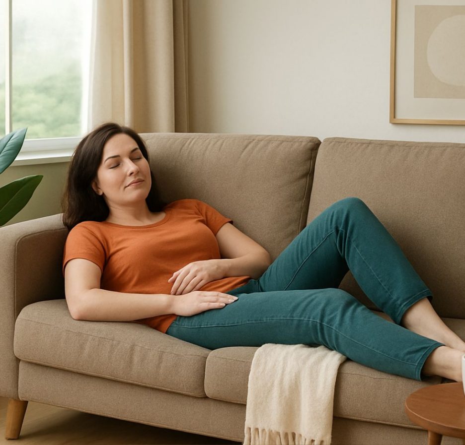 Eine Frau erholt sich auf dem Sofa vom Alltagsstress.