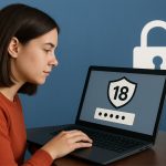 Junge Frau sitzt am Tisch und schaut konzentriert auf ihren Laptop, auf dessen Bildschirm ein 18+ Symbol mit Passwortfeld angezeigt wird.