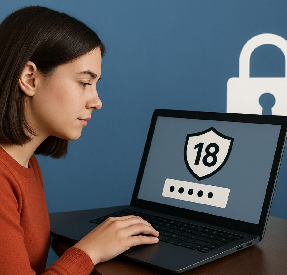 Junge Frau sitzt am Tisch und schaut konzentriert auf ihren Laptop, auf dessen Bildschirm ein 18+ Symbol mit Passwortfeld angezeigt wird.