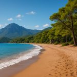 Ein ruhiger Sandstrand von Çıralı mit türkisfarbenem Meer, umgeben von Pinienwald und dem Taurusgebirge im Hintergrund.