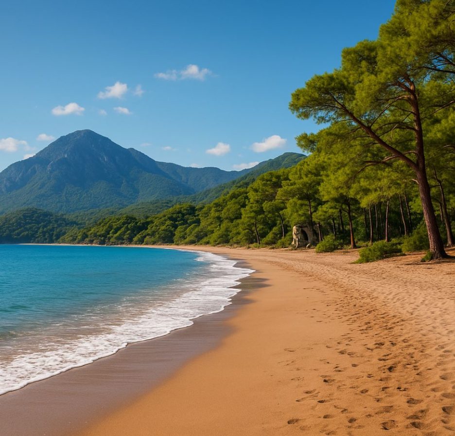 Ein ruhiger Sandstrand von Çıralı mit türkisfarbenem Meer, umgeben von Pinienwald und dem Taurusgebirge im Hintergrund.