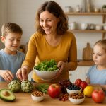 Eine Mutter sitzt mit ihren beiden Kindern in einer hellen Küche am Tisch, auf dem frisches Obst, Gemüse und Nüsse liegen.