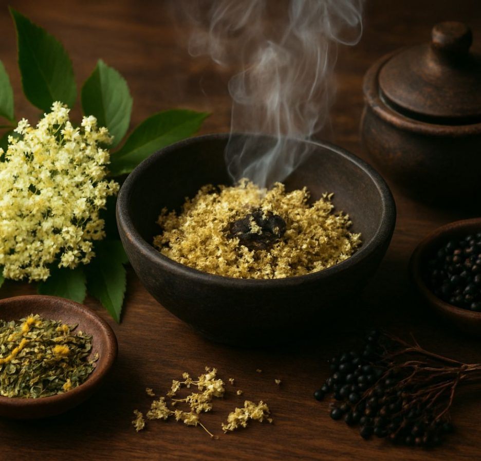 Ein rustikales Stillleben zeigt eine Schale mit verglimmenden Holunderblüten, aus der zarte Rauchschwaden aufsteigen. Daneben liegen frische Holunderblüten, getrocknete Kräuter, schwarze Holunderbeeren und weitere kleine Gefäße, alles auf einem hölzernen Untergrund arrangiert.