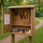 Ein offener Holzschrank mit Werkzeugen und Nähmaterialien steht auf einer Wiese in einem Park. Im Hintergrund sind Bäume, ein Weg, eine Bank und ein Spielplatz zu sehen.