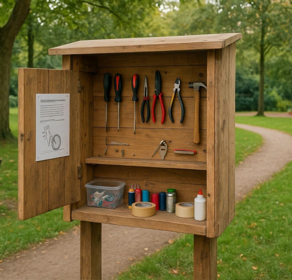 Ein offener Holzschrank mit Werkzeugen und Nähmaterialien steht auf einer Wiese in einem Park. Im Hintergrund sind Bäume, ein Weg, eine Bank und ein Spielplatz zu sehen.