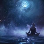 Meditierende Person im Lotussitz auf Wasser unter einem leuchtenden Vollmond.