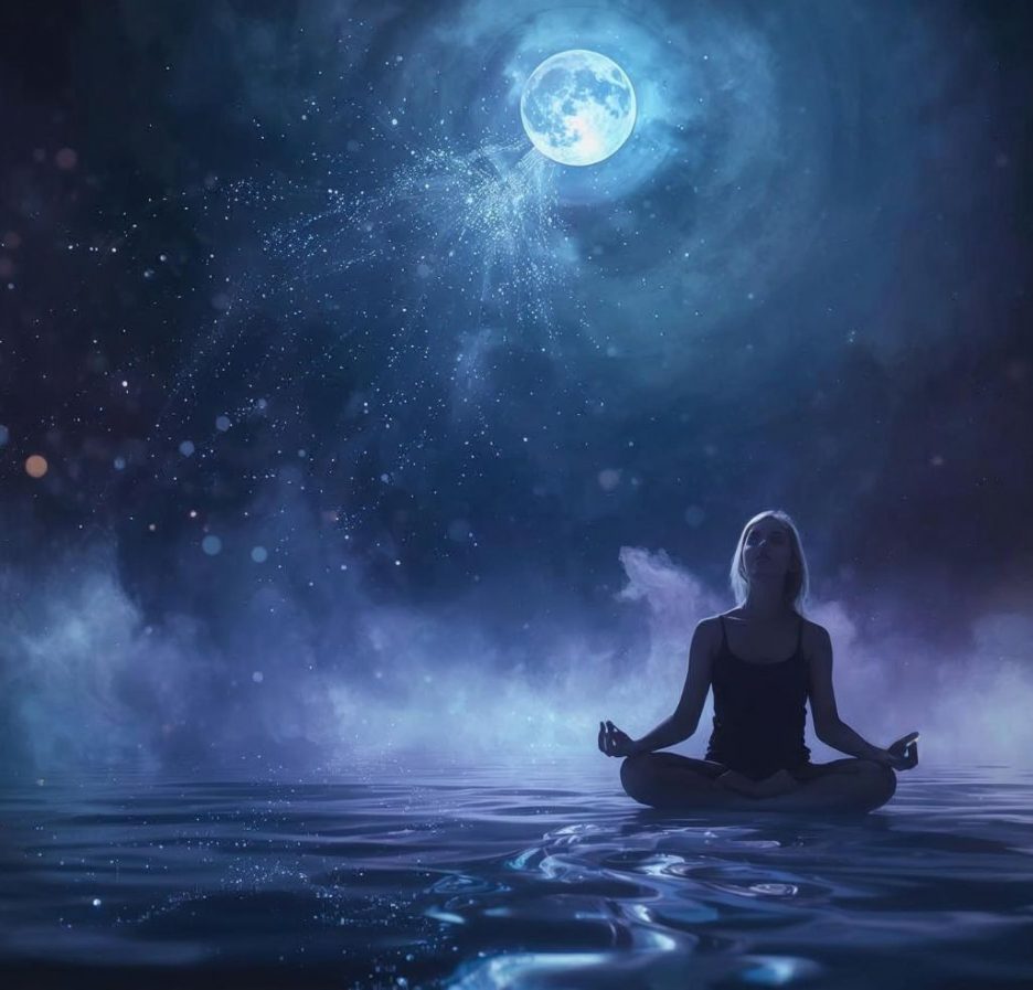 Meditierende Person im Lotussitz auf Wasser unter einem leuchtenden Vollmond.
