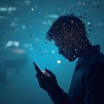 Silhouette einer Person, die auf ihr Smartphone schaut, während digitale Partikel aus dem Kopf strömen, symbolisch für den Einfluss sozialer Medien.