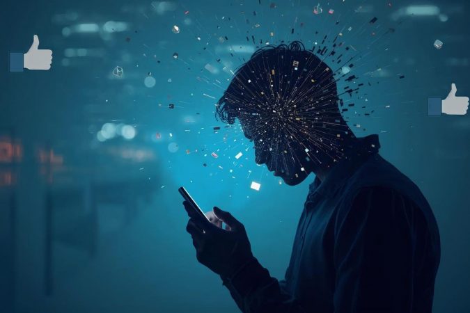 Silhouette einer Person, die auf ihr Smartphone schaut, während digitale Partikel aus dem Kopf strömen, symbolisch für den Einfluss sozialer Medien.