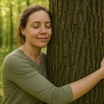 Frau mit geschlossenen Augen umarmt friedlich einen Baum in einem sonnigen Wald.