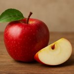 Roter Apfel mit grünem Blatt und einem Apfelstück auf einem Holztisch.
