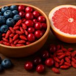 Ein Holzschüsselchen gefüllt mit Heidelbeeren, Goji-Beeren und Preiselbeeren, daneben eine aufgeschnittene halbe Grapefruit auf einem Holztisch.