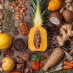 Eine bunte Auswahl an Lebensmitteln wie Früchte, Gemüse, Nüsse, Gewürze und Kräuter, künstlerisch arrangiert um eine halbierte Ananas.
