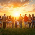 Eine große Gruppe von Menschen steht Arm in Arm auf einer Wiese und blickt gemeinsam in den Sonnenuntergang.