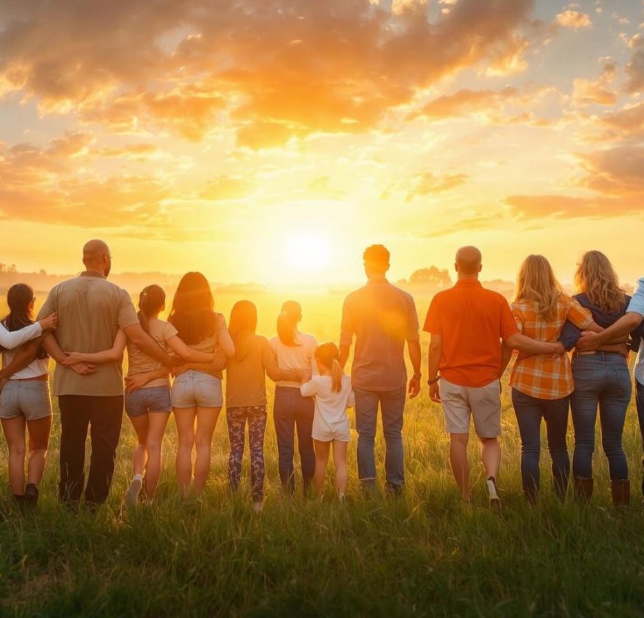 Eine große Gruppe von Menschen steht Arm in Arm auf einer Wiese und blickt gemeinsam in den Sonnenuntergang.