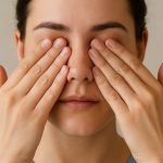 Frau mit geschlossenen Augen legt sanft ihre warmen Handflächen über die Augen, um sie zu entspannen.