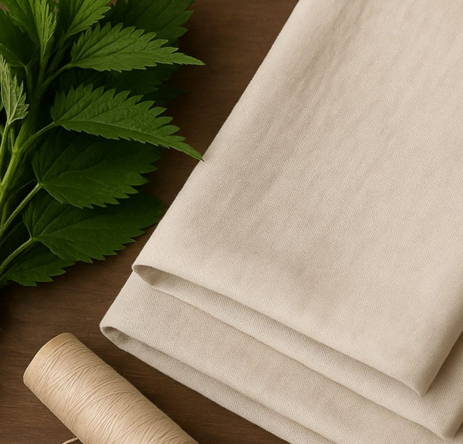 Ein Bündel frischer Brennnesseln liegt neben einem gefalteten, naturfarbenen Stoff aus Brennnesselfasern und einer Spule beigem Garn auf einer Holzoberfläche.