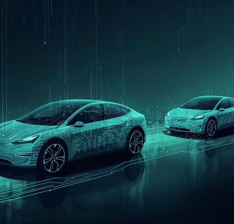 Mehrere futuristische Elektroautos mit digitaler Schaltkreis-Optik fahren in einer Reihe durch eine leuchtende, technologische Umgebung.