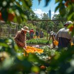 Mehrere Personen arbeiten in einem städtischen Gemeinschaftsgarten und ernten Gemüse, während im Hintergrund ein hoher Wolkenkratzer zu sehen ist.