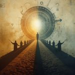 Eine Person geht auf einem steinernen Weg auf ein leuchtendes, kreisförmiges Tor mit mystischen Symbolen zu, flankiert von dunklen Gestalten in Roben.