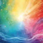 Ein farbenfrohes abstraktes Kunstwerk mit einem leuchtenden Zentrum, das in Gelb und Weiß strahlt. Umgeben von fließenden Farbverläufen in Blau, Grün, Rot und Violett, mit geometrischen Mustern und Lichtlinien, die Bewegung und Energie vermitteln.