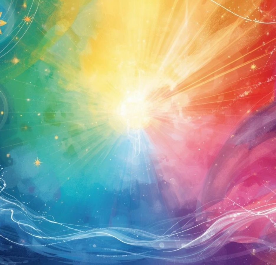Ein farbenfrohes abstraktes Kunstwerk mit einem leuchtenden Zentrum, das in Gelb und Weiß strahlt. Umgeben von fließenden Farbverläufen in Blau, Grün, Rot und Violett, mit geometrischen Mustern und Lichtlinien, die Bewegung und Energie vermitteln.