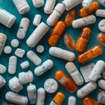 Verschiedene Medikamentenverpackungen und Pillen liegen verstreut auf einer blauen Oberfläche.