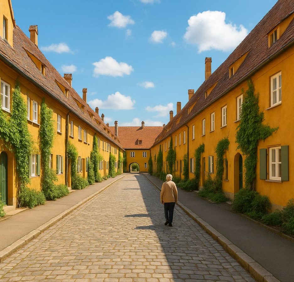 Eine ruhige Kopfsteinpflasterstraße in der Fuggerei in Augsburg, gesäumt von gelb verputzten Häusern mit roten Dächern und grünen Fensterläden, bewachsen mit Efeu. Eine ältere Person geht die Straße entlang in Richtung eines Torbogens unter blauem Himmel.