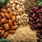 Eine Auswahl magnesiumreicher Lebensmittel, darunter Mandeln, Datteln, Kürbiskerne, Sesam und grünes Blattgemüse.