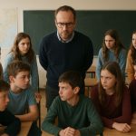 Ein Lehrer steht in einem Klassenzimmer zwischen mehreren Schülern, die sich misstrauisch und angespannt gegenseitig ansehen.