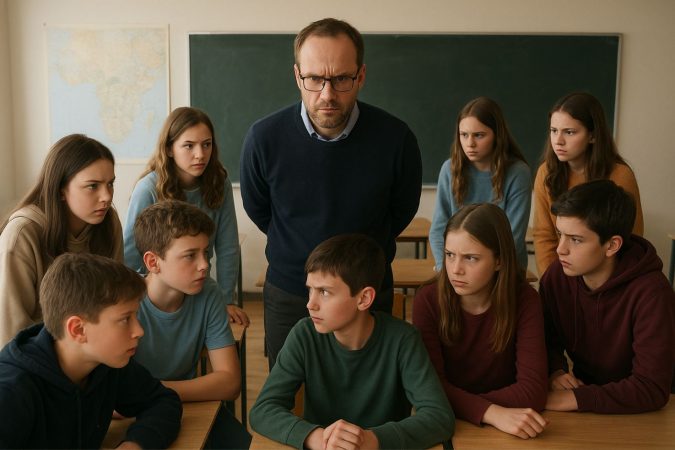 Ein Lehrer steht in einem Klassenzimmer zwischen mehreren Schülern, die sich misstrauisch und angespannt gegenseitig ansehen.