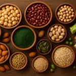 Verschiedene pflanzliche Proteinquellen wie Nüsse, Samen, Hülsenfrüchte, Spirulinapulver, Brokkoli und Pilze in kleinen Holzschalen auf einem Holztisch arrangiert.