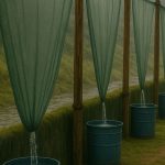 Reihe von grünen Netzen, die Wasser in blaue Fässer tropfen lassen, entlang eines Feldwegs mit Gras und leichtem Nebel.