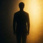Silhouette einer Person, die von dunklem Schatten in ein warmes, goldenes Licht tritt, in einem nebligen Wald.