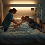Ein älterer Mann liegt in einem Krankenhausbett, während eine Krankenschwester und eine Angehörige liebevoll an seiner Seite sind. Die Szene ist warm beleuchtet und wirkt ruhig und fürsorglich.