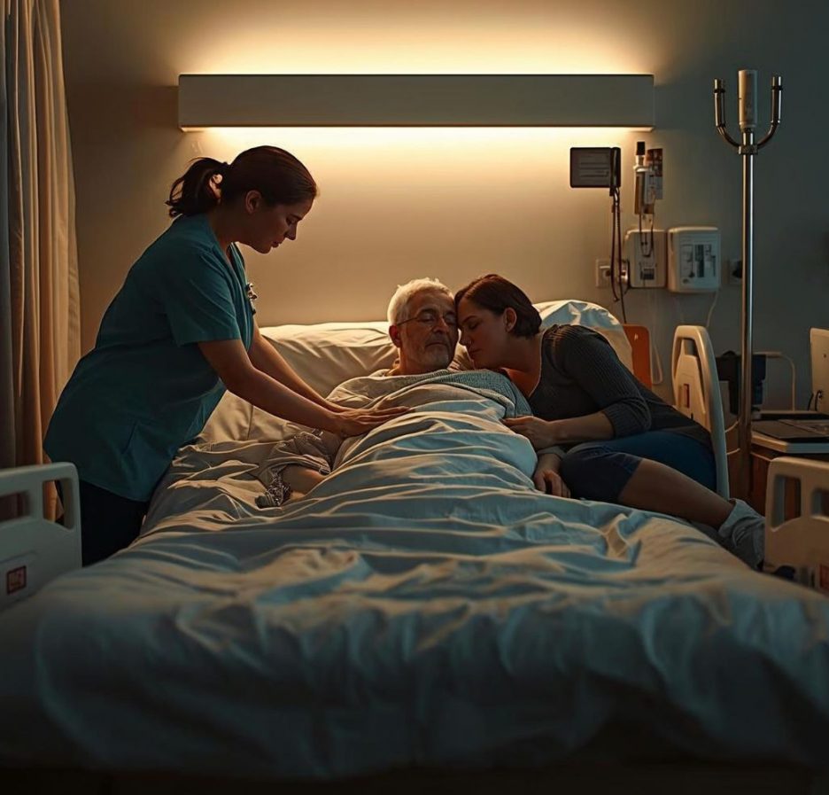 Ein älterer Mann liegt in einem Krankenhausbett, während eine Krankenschwester und eine Angehörige liebevoll an seiner Seite sind. Die Szene ist warm beleuchtet und wirkt ruhig und fürsorglich.