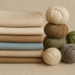 Gestapelte Stoffe aus pflanzlichen und synthetischen Fasern in sanften Naturtönen neben mehreren Wollknäueln aus veganen Materialien, arrangiert auf einem beigen Untergrund.