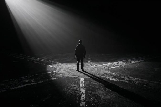 Eine einzelne Person steht an einer Kreuzung im Dunkeln, beleuchtet von einem starken Lichtstrahl von links oben.