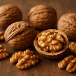 Einige ganze und geöffnete Walnüsse liegen auf einem Holztisch, die goldbraunen Kerne sind deutlich sichtbar.