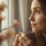 Eine junge Frau sitzt am Fenster, hält eine Tasse in den Händen und blickt lächelnd nach draußen, umgeben von weichen, warmen Lichtreflexen.