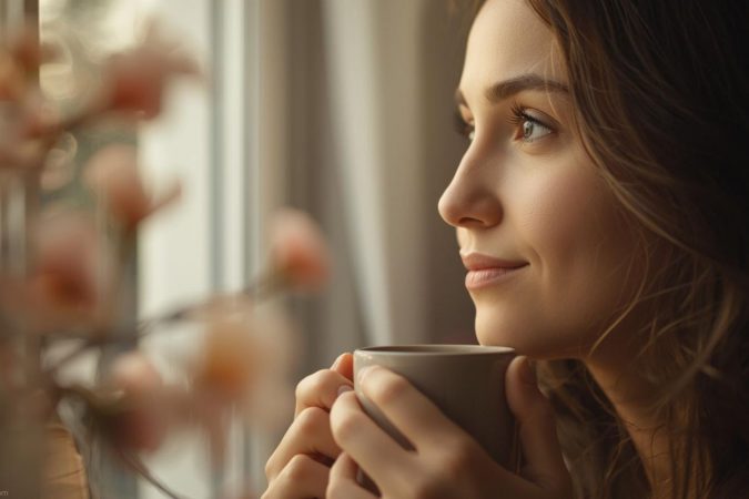 Eine junge Frau sitzt am Fenster, hält eine Tasse in den Händen und blickt lächelnd nach draußen, umgeben von weichen, warmen Lichtreflexen.