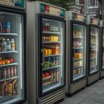 Reihe von Kühl- und Gefrierschränken auf einer städtischen Straße, gefüllt mit Getränken, Obst und Gemüse.