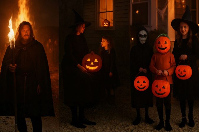 Dreiteilige Darstellung der Entwicklung von Halloween: ein keltischer Druide mit Fackel am Feuer, eine Frau mit Kind und Kürbislaterne im frühen 20. Jahrhundert sowie moderne Kinder in Halloweenkostümen vor einem geschmückten Haus.