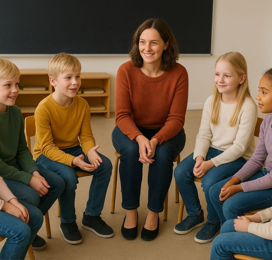 Eine Lehrerin sitzt mit einer Gruppe von Grundschulkindern in einem Kreis im Klassenzimmer. Alle lächeln und unterhalten sich in einer warmen, freundlichen Atmosphäre.