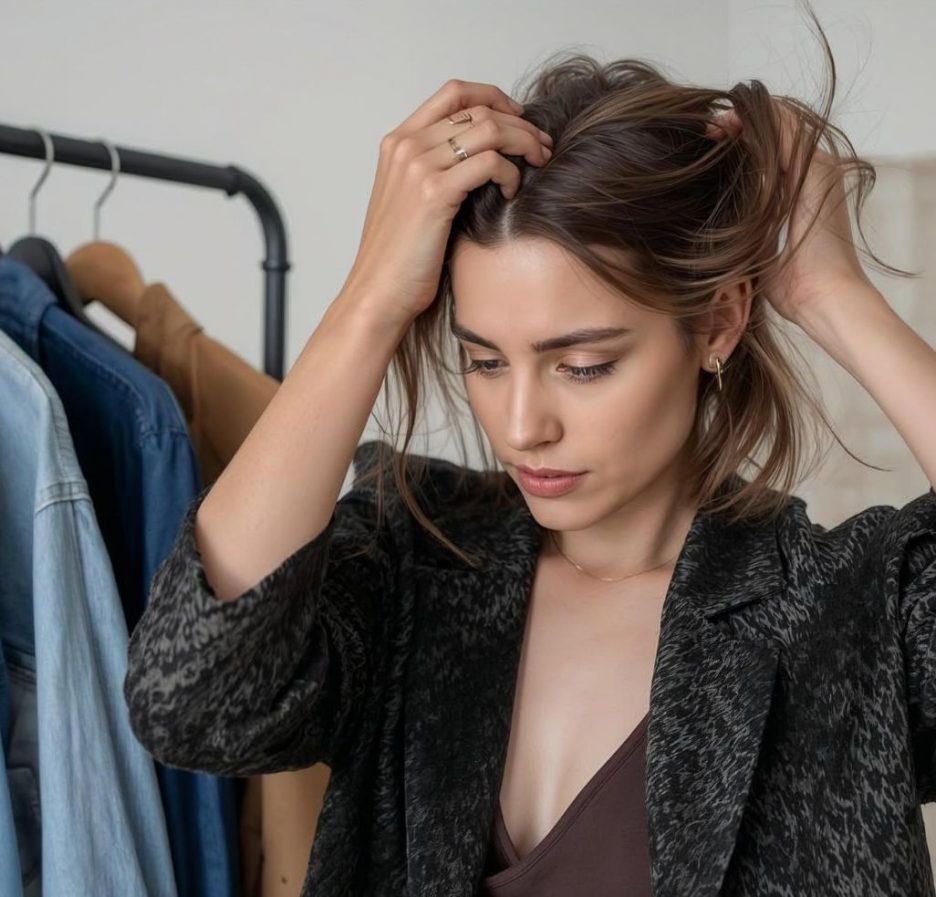 Eine junge Frau steht vor einer Kleiderstange mit verschiedenen Kleidungsstücken und fährt sich mit beiden Händen durch die Haare.