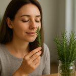 Junge Frau mit geschlossenen Augen riecht an einem Zweig frischen Rosmarins, während ein Glas mit weiteren Rosmarinzweigen auf dem Tisch steht.