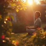 Eine Person sitzt im Schneidersitz in einem Garten und meditiert, während warmes Sonnenlicht durch die Blätter fällt.