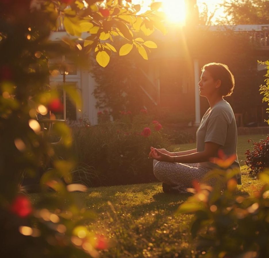 Eine Person sitzt im Schneidersitz in einem Garten und meditiert, während warmes Sonnenlicht durch die Blätter fällt.