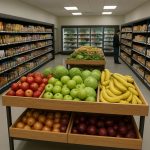 Innenaufnahme eines hell beleuchteten Supermarkts mit prall gefüllten Regalen und frischem Obst wie Äpfeln, Bananen und Kohl im Vordergrund. Eine Person betrachtet Waren im Hintergrund.