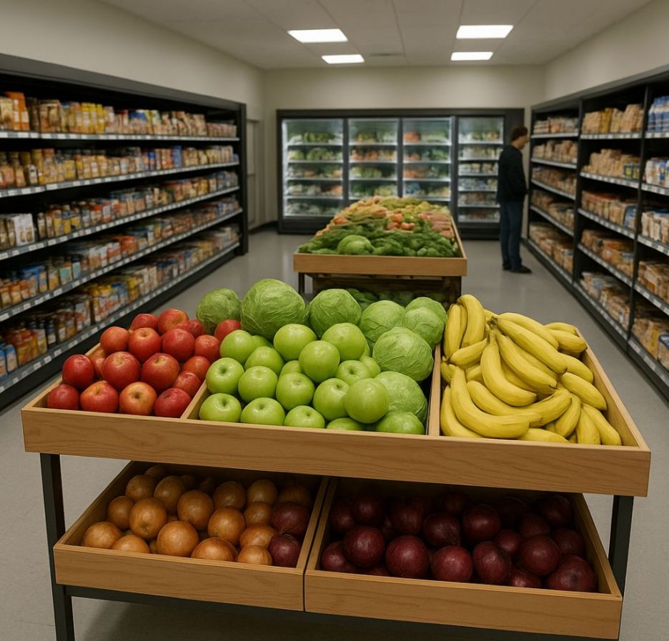 Innenaufnahme eines hell beleuchteten Supermarkts mit prall gefüllten Regalen und frischem Obst wie Äpfeln, Bananen und Kohl im Vordergrund. Eine Person betrachtet Waren im Hintergrund.